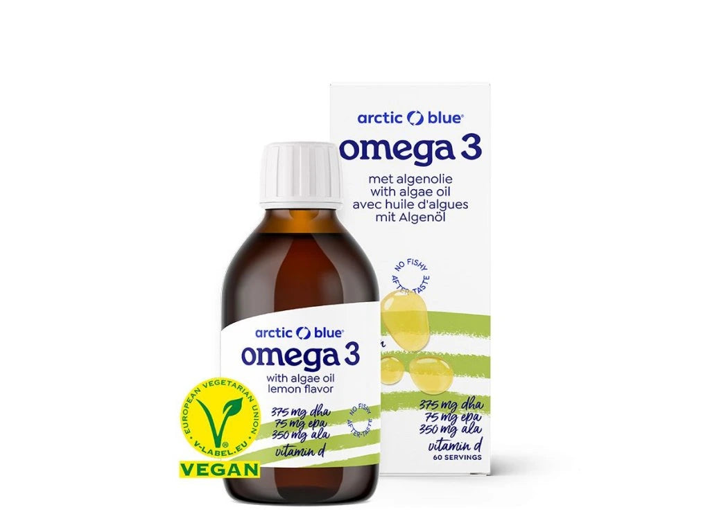 Arctic Blue Vegan Omega 3 with Algae Oil, Lemon flavor, DHA + EPA + ALA + Vitamin D, 150 ml