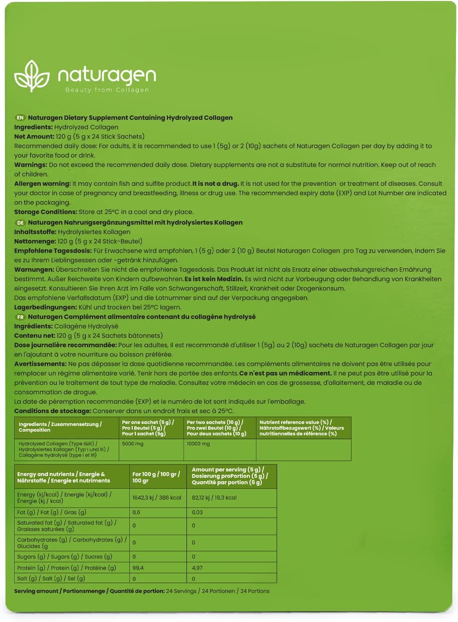Naturagen 100% Pure 5000 mg Hydrolyzed Collagen 24 sachets