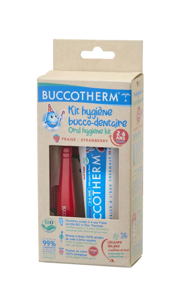 BUCCOTHERM BIO organic Eco-friendly dental set for kids 2-6 years, strawberry flavor, Red Color