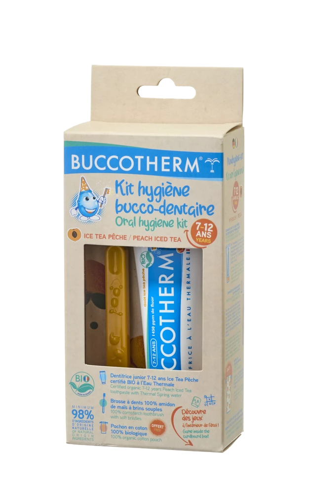 BUCCOTHERM BIO organic Eco-friendly dental set for kids 7-12 years, Iced Tea flavor, Yellow Color