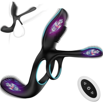 SuperLove Vibrating 3in1 Cock Ring for Couples with Remote Black