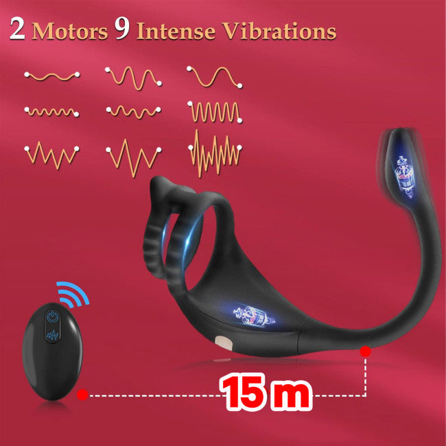 SuperLove Dual Vibrating Cock Ring Anal Lock & Prostate Massager with Remote Black