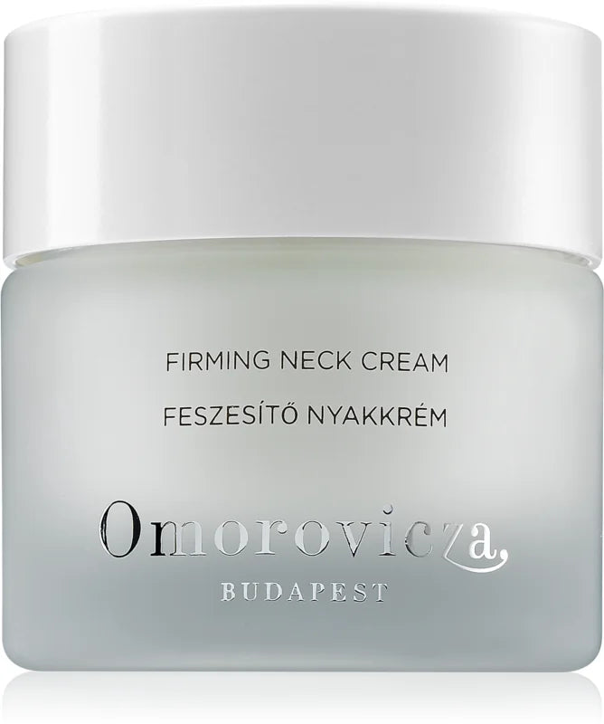 A jar of Omorovicza Firming Neck Cream with a white label and branding text.