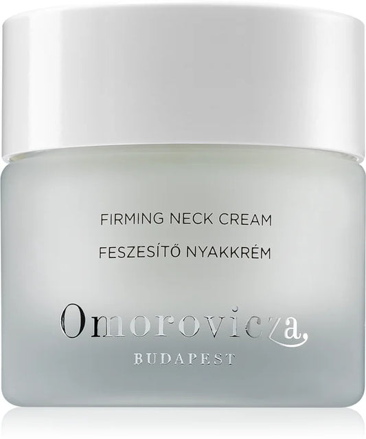 A jar of Omorovicza Firming Neck Cream with a white label and branding text.