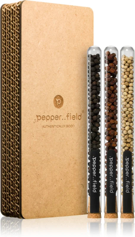 .pepper..field Set of test tubes with Kampot pepper in a box