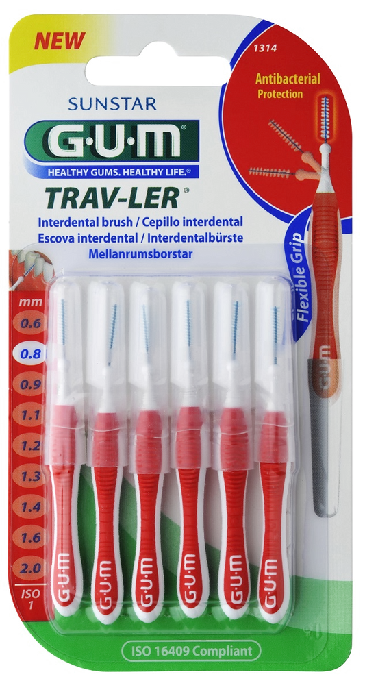 GUM TRAV-LER interdental brush with chlorhexidine, cylindrical, 0.8 mm, 6 pcs