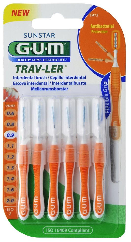 GUM TRAV-LER interdental brush with chlorhexidine, cylindrical, 0.9 mm, 6 pcs