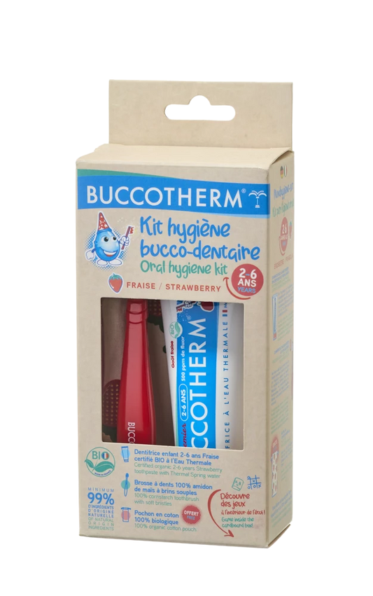 BUCCOTHERM BIO organic Eco-friendly dental set for kids 2-6 years, strawberry flavor, Red Color