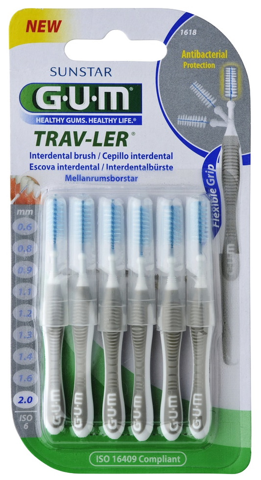 GUM TRAV-LER interdental brush with chlorhexidine, cylindrical, 2.0 mm, 6 pcs