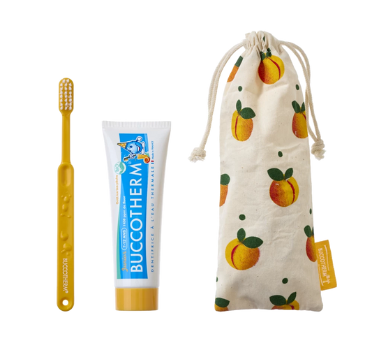 BUCCOTHERM BIO organic Eco-friendly dental set for kids 7-12 years, Iced Tea flavor, Yellow Color