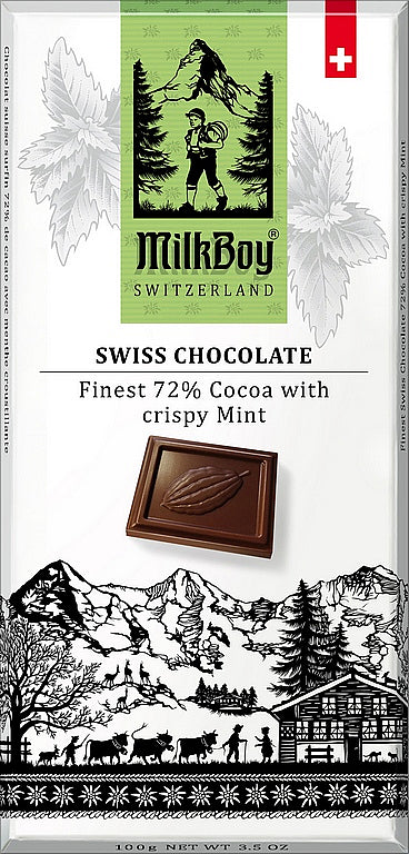 MILKBOY SWISS Finest Dark chocolate 72% with crispy Mint 100g