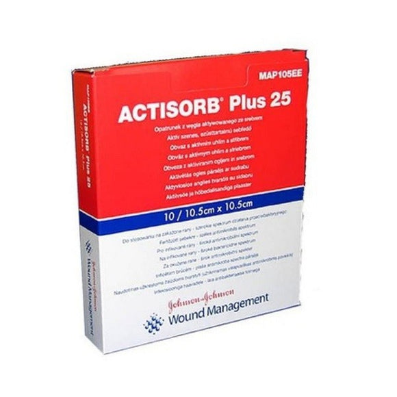 ACTISORB PLUS 25 BANDAGE WITH ACTIVATED CARBON AND SILVER 10.5x10.5 cm, 10 pcs