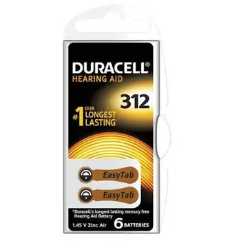 Duracell DA312 Easy Tab hearing aid batteries 6 pcs