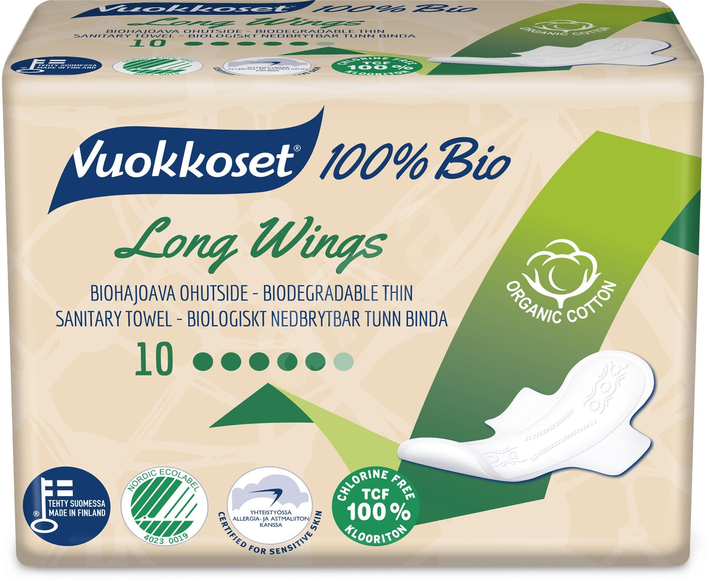 VUOKKOSET 100% BIO Long Wings thin Pads 10 pcs