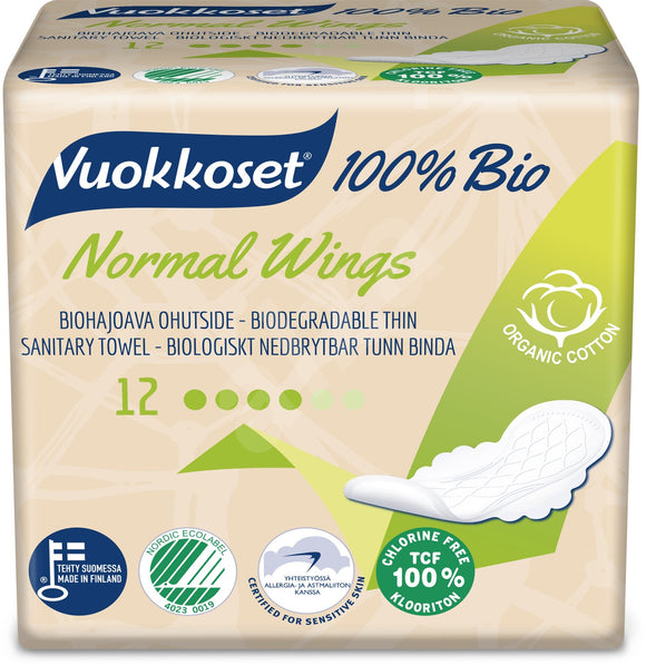 VUOKKOSET 100% BIO Normal Wings thin pads 12 pcs