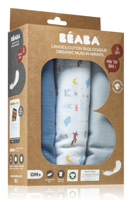 Beaba Organic Muslin Baby Wraps 0m+, 3pcs