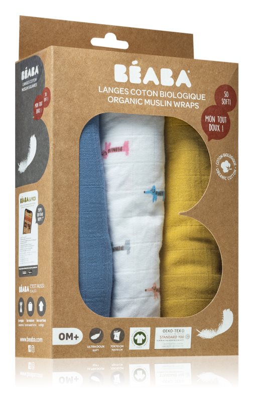 Beaba Organic Muslin Baby Wraps 0m+, 3pcs