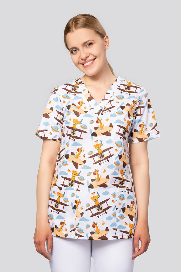 Women's medical shirt Halena CM1001P African animals in the airplanes
