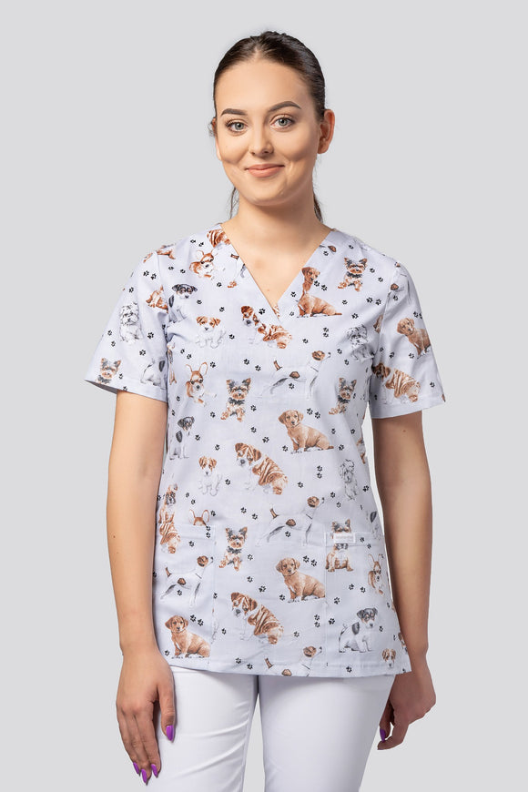 Women's medical shirt Halena CM1001P dogs, gray background