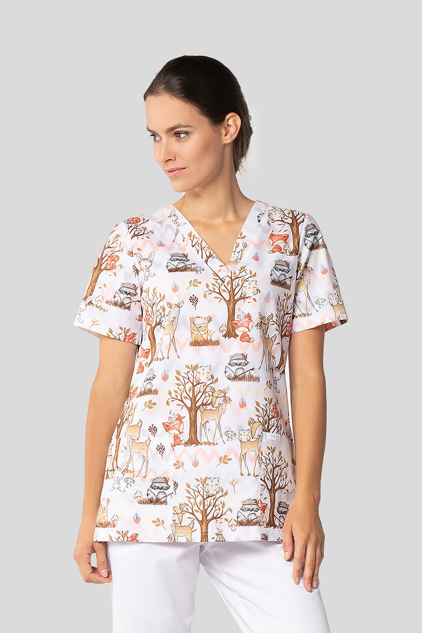 Women's medical shirt Halena CM1001P Native American animals in the woods