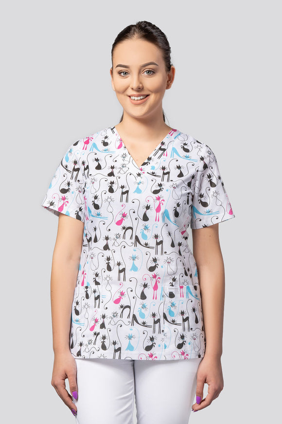 Women's medical shirt Halena CM1001P pink-blue cats