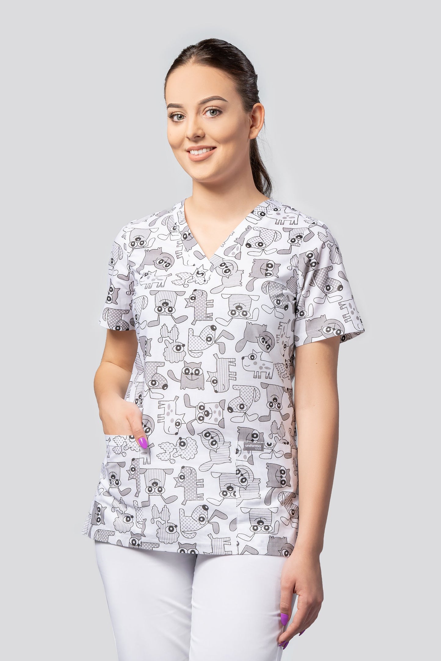 Women's medical shirt Halena CM1001P dogs and gray cats