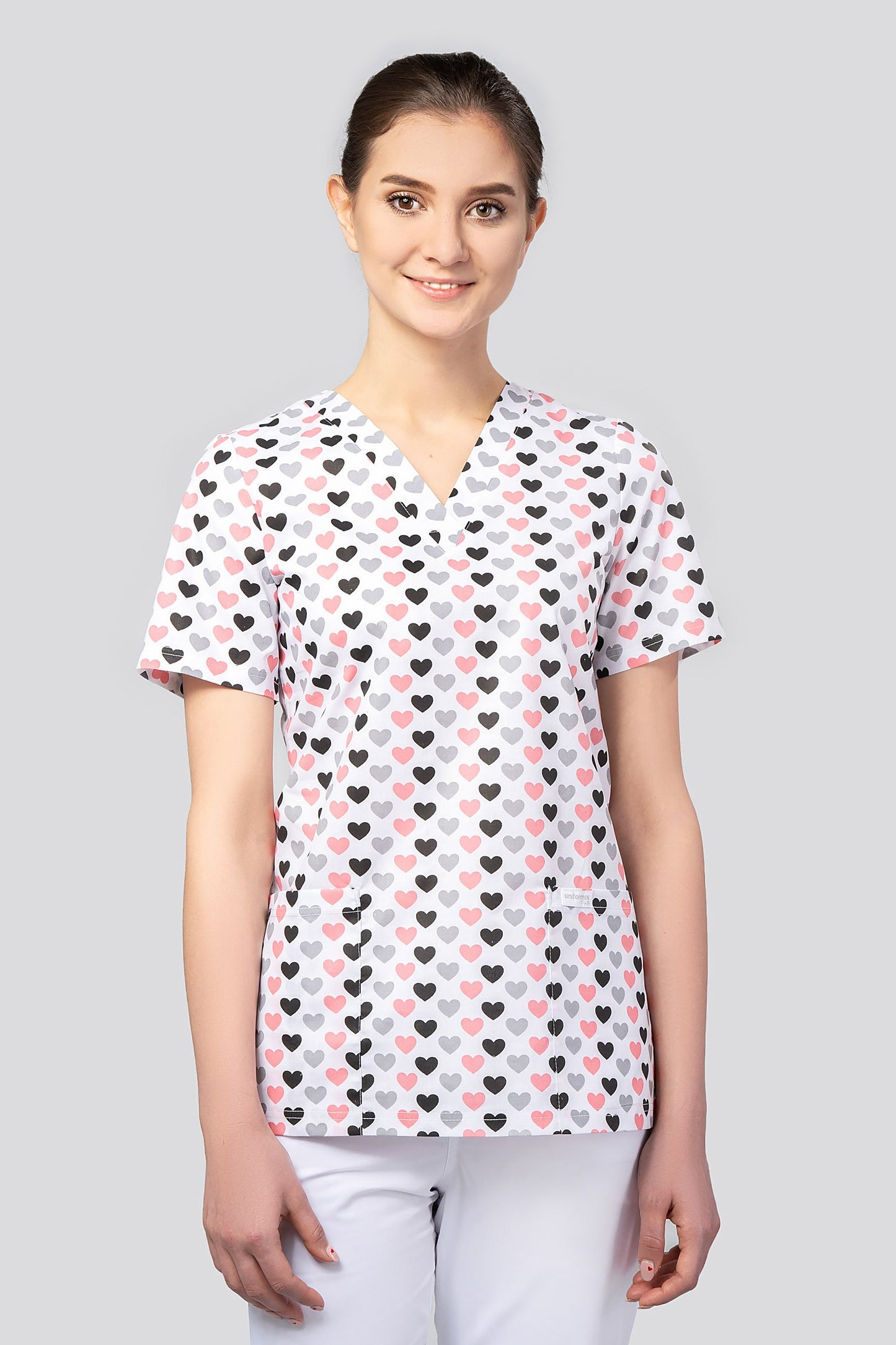 Women's medical shirt Halena CM1001P hearts 12mm gray pink